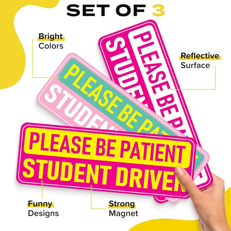 HEY-OKEY 3-Pack Student Driver Magnet for Car – Metal Only (Not for Plastic/Aluminum) – Funny Pink Please Be Patient Reflective Magnetic Bumper Sticker – Removable Rookie Safety Signs – 10 x 3.5 in - Image 2